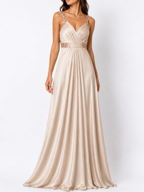 Aidan Mattox Champange Rose Gold Sequin Pleated Satin Long Formal Open Back Gown
